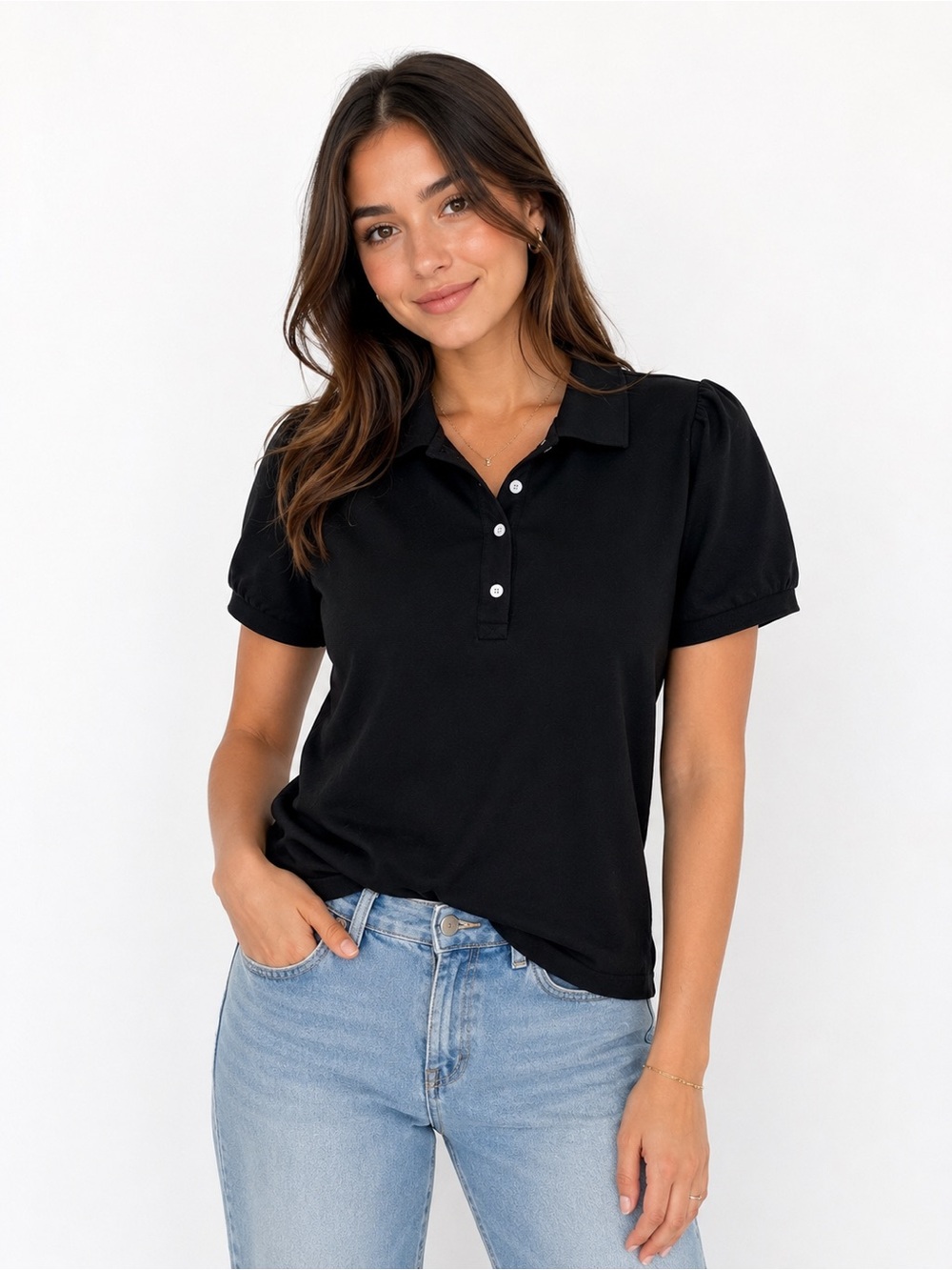 Tuckernuck Black Puff Sleeve Button-Down Polo Top